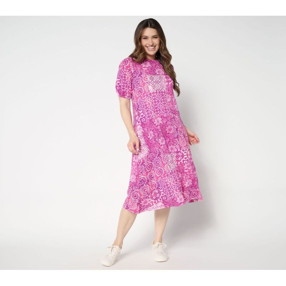 Gloria Vanderbilt Women's Dress Sz L Cotton Patchwork Print Midi Pink